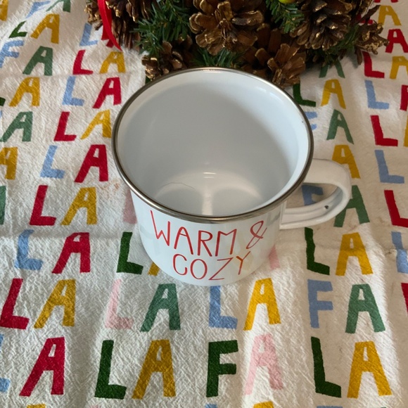 White Enamel Mug With Red Lettering, Warm & Cozy, Winter/Holiday, New - Picture 2 of 5